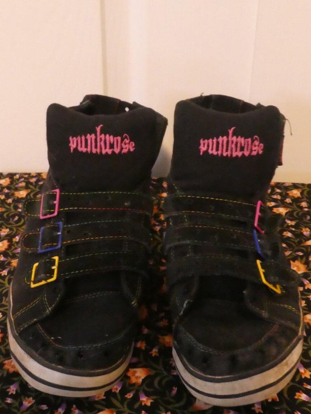 Vintage PUNKROSE High Top Sneakers Black Colorful Multi Stitch & Tri Buckle - 8